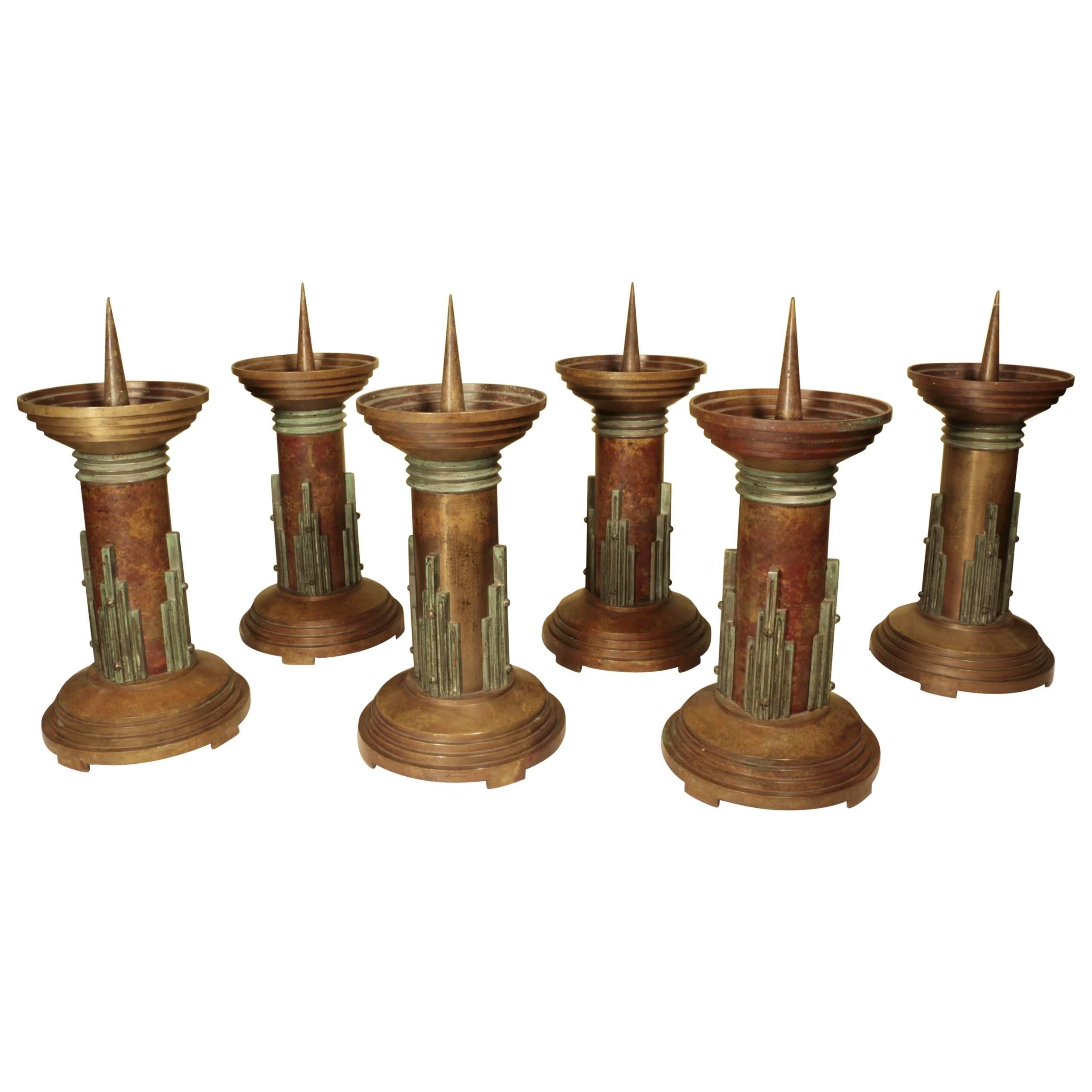 A Rare Set of Six Art Deco Bonze Pricket Candlesticks