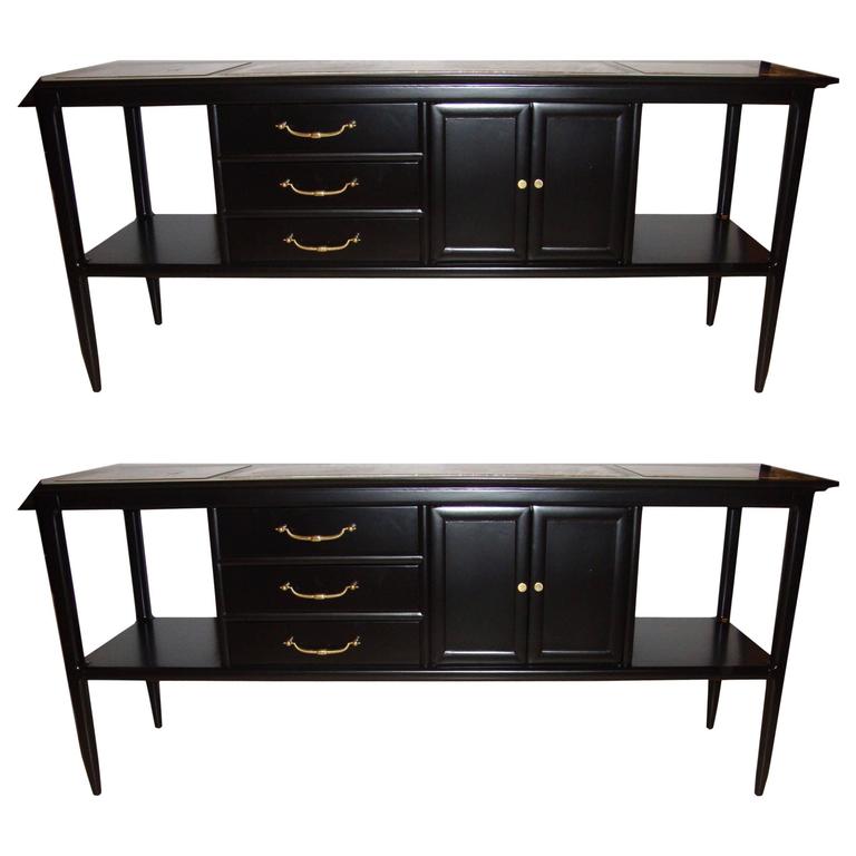 Pair of Tomlinson Stamped MarbleTop Ebonized Credenzas or Console