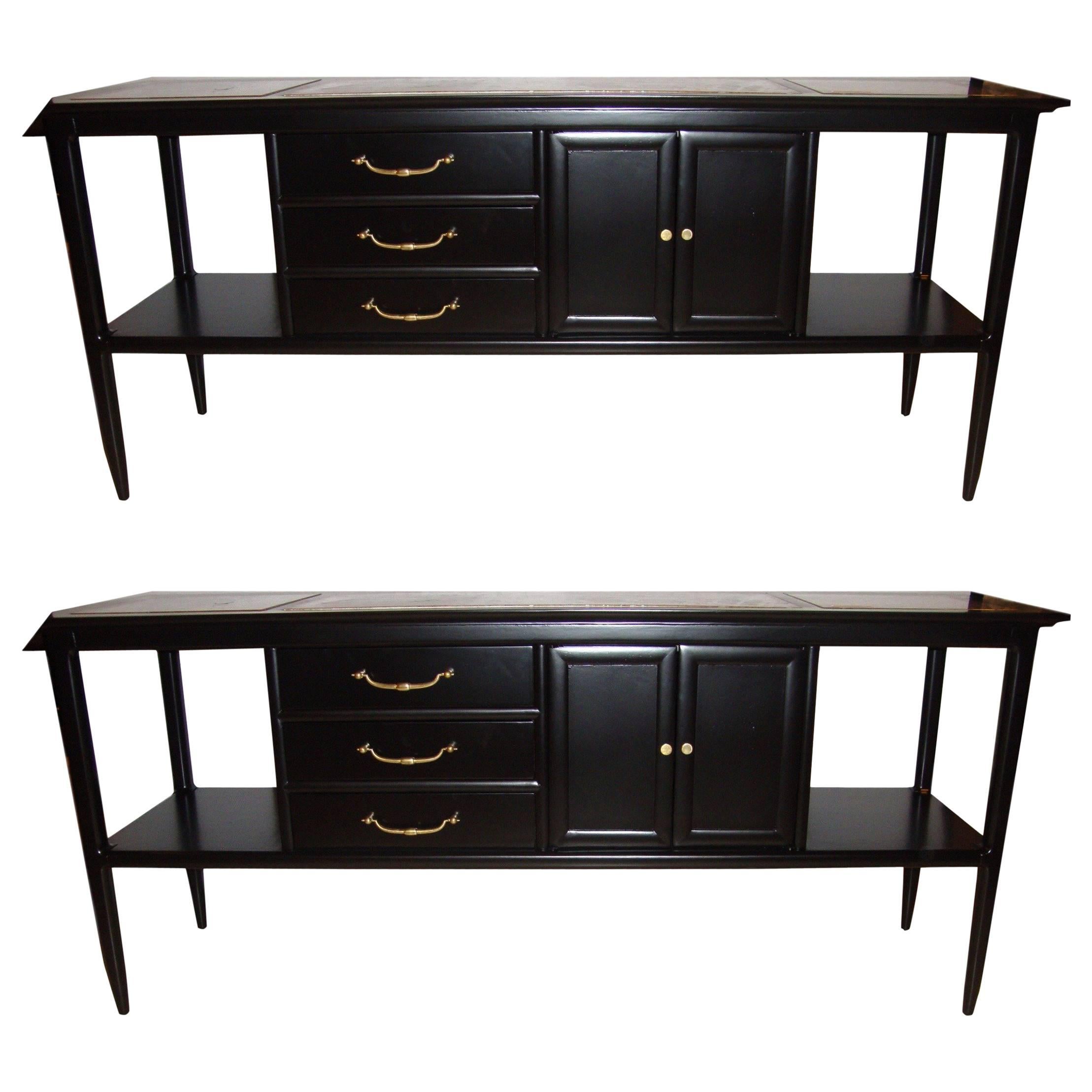 Pair of Tomlinson Stamped Marble-Top Ebonized Credenzas or Console Tables