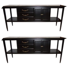Pair of Tomlinson Stamped Marble-Top Ebonized Credenzas or Console Tables