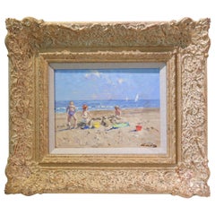 Oil on Board, Impressionist Beach Scene Painting by Niek van der Plas 