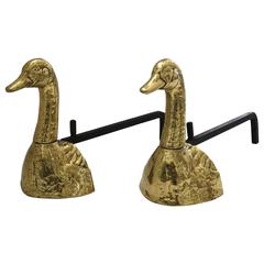Set of Cast Brass Andirons in Mallard Duck Form