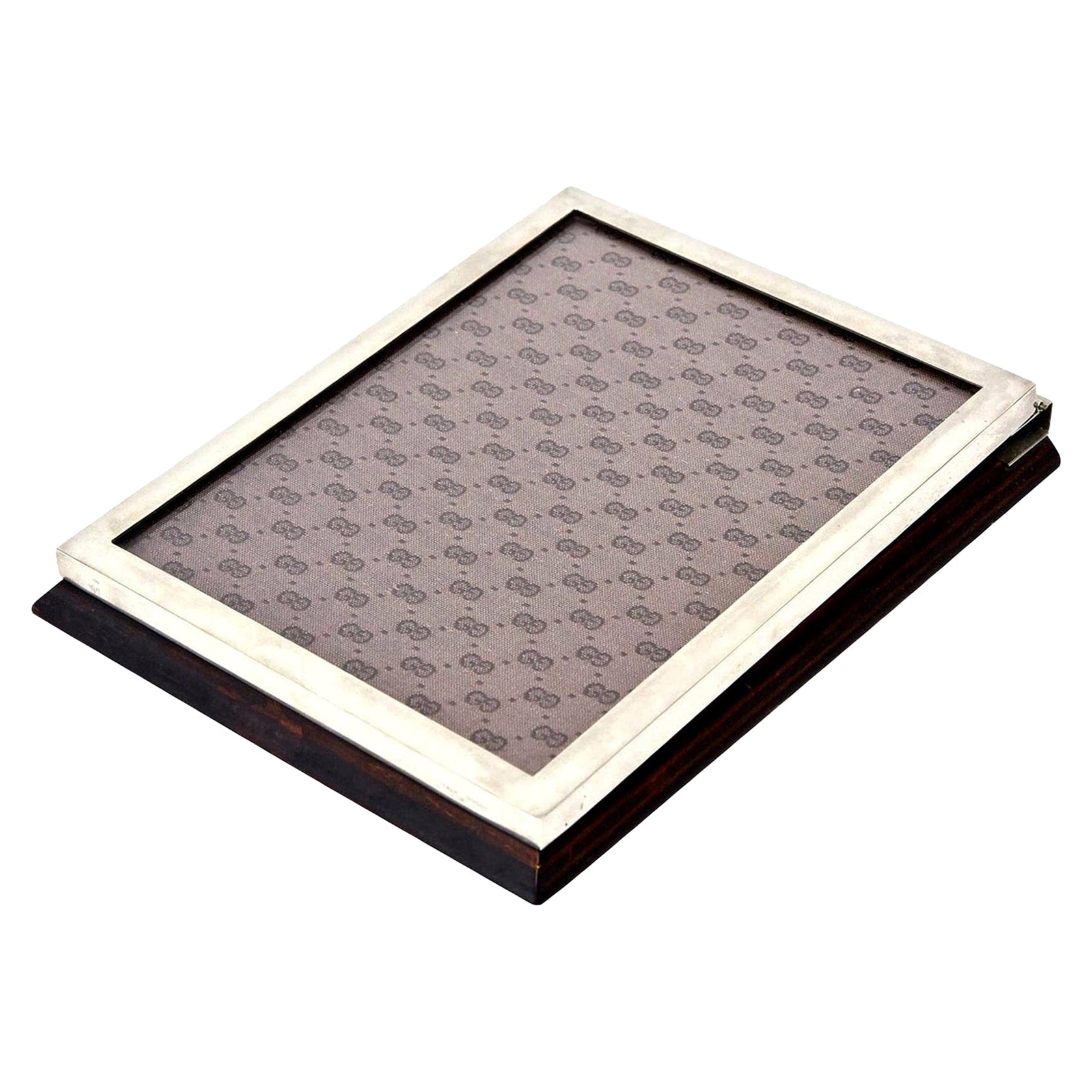 Vintage Gucci Chrome, Logo Canvas, Resin Note Pad Holder and Desk Accessory 70's