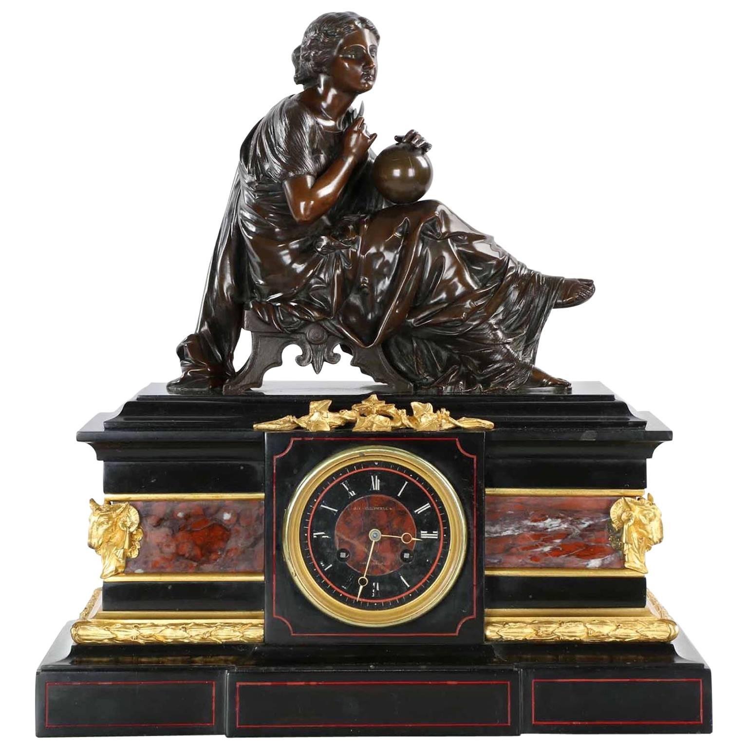 J.E. Caldwell Black Slate Mantel Clock under Bronze Sculpture of Cartographer