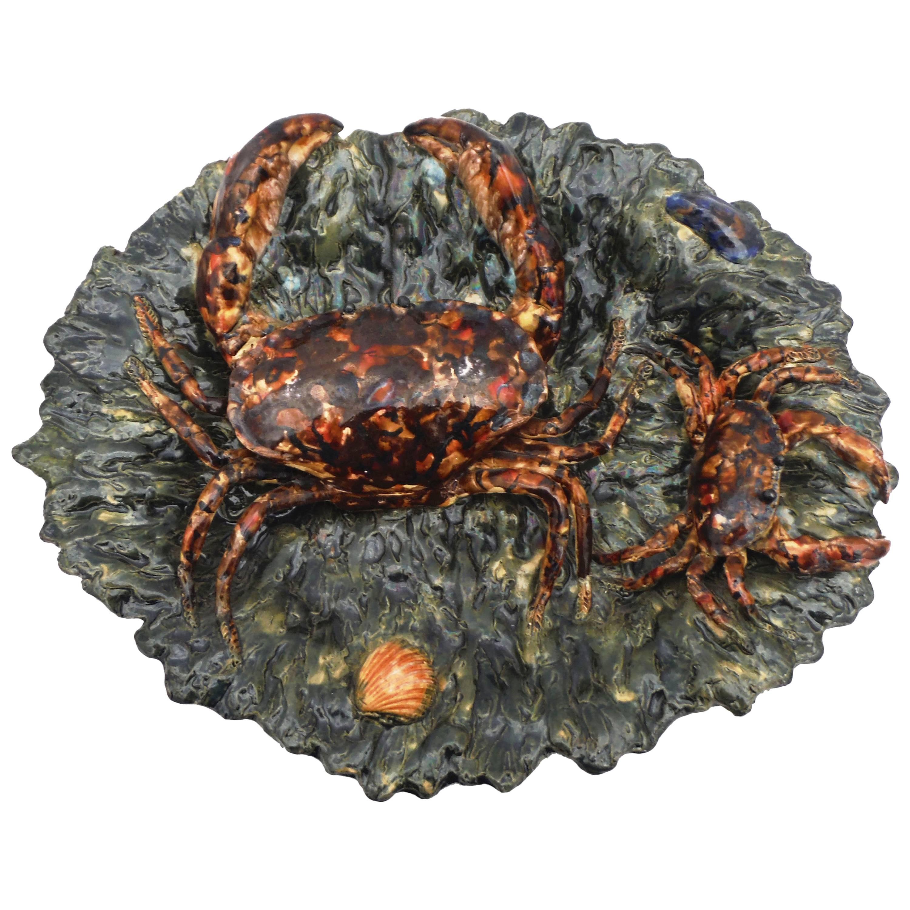 19th Century Majolica Palissy Crabs Wall Platter Alfred Renoleau For Sale