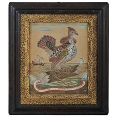 Antique Ruffed Grouse Perched on a Log with British Ship