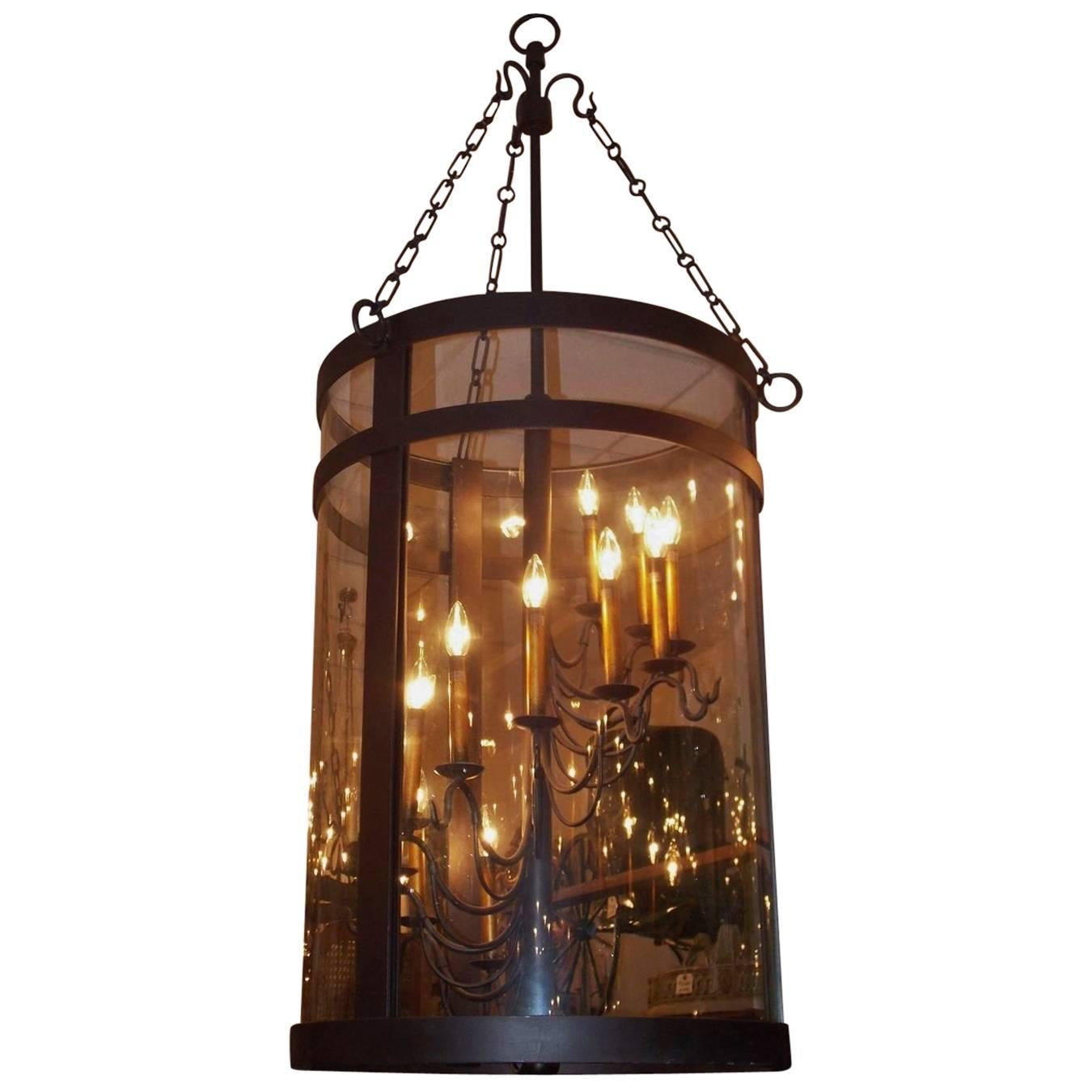 American Cast Iron Cylinder Hanging Glass Lantern, Early 20th Century