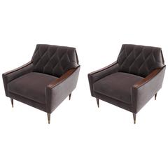 Pair of Custom 1960s Style Velvet Armchairs with Wood and Brass Details 7