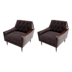 Pair of Custom 1960s Style Wood and Velvet Armchairs by Adesso Imports