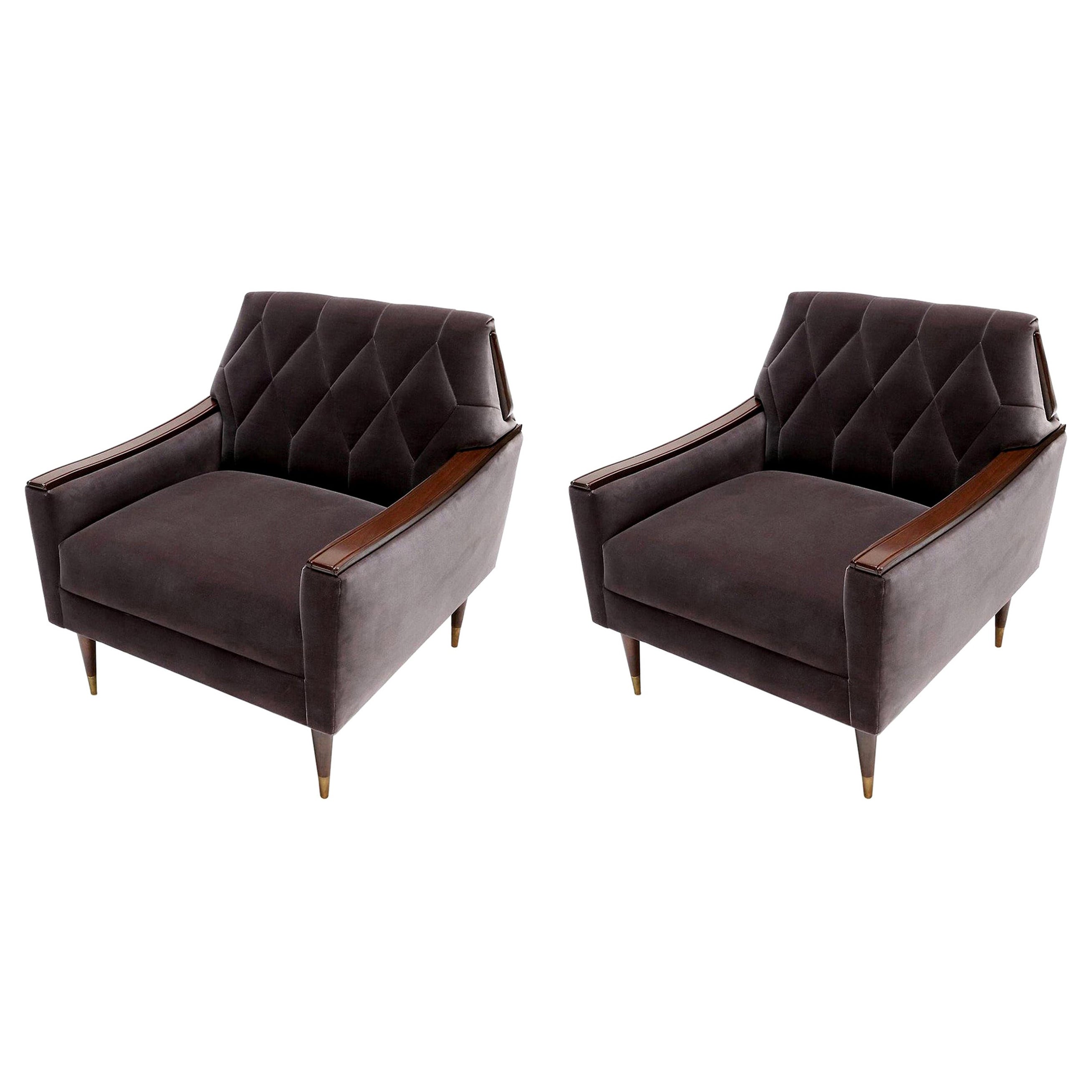 Pair of Custom 1960s Style Wood and Velvet Armchairs by Adesso Imports For Sale