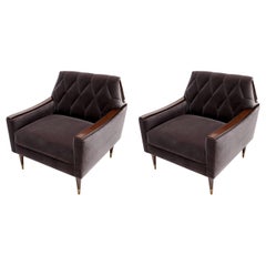 Pair of Custom 1960s Style Wood and Velvet Armchairs by Adesso Imports