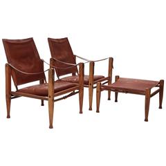 Kaare Klint Safari Chairs and Footstool, Rud Rasmussen, Denmark (free shipping)