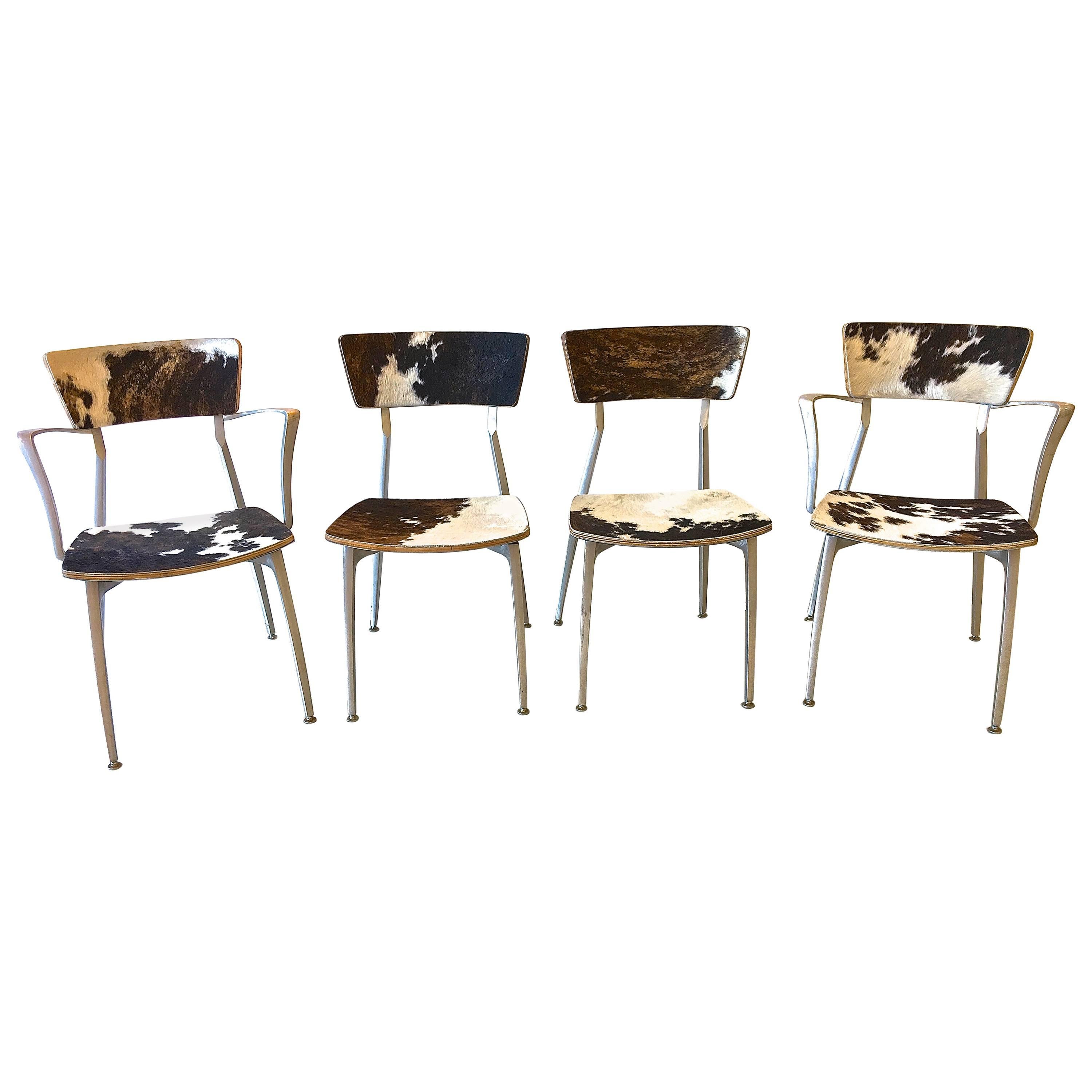 Mid-Century Modern Sand-Cast Aluminum Set of Four Chairs in Cowhide Upholstery