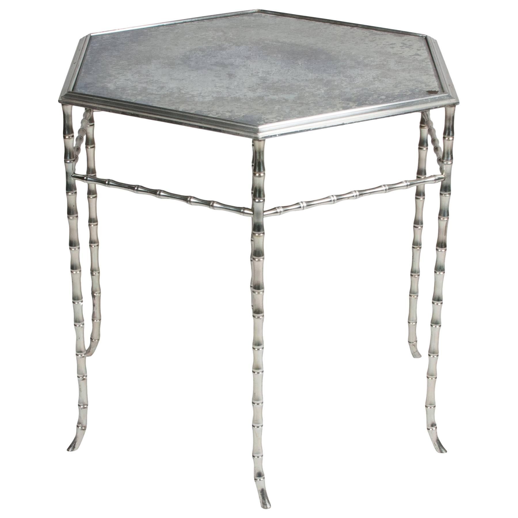 Hexagonal Chrome Table with Antiqued Mirror Top by Bagues