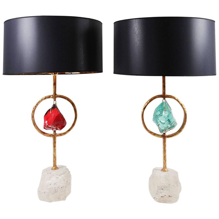 Pair of Brass Crystal and Travertine Stone Table Lamps by