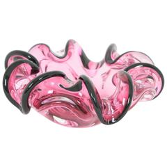 Vintage Giant Handblown Pink and Black Sommero Murano Art Glass Flower Bowl
