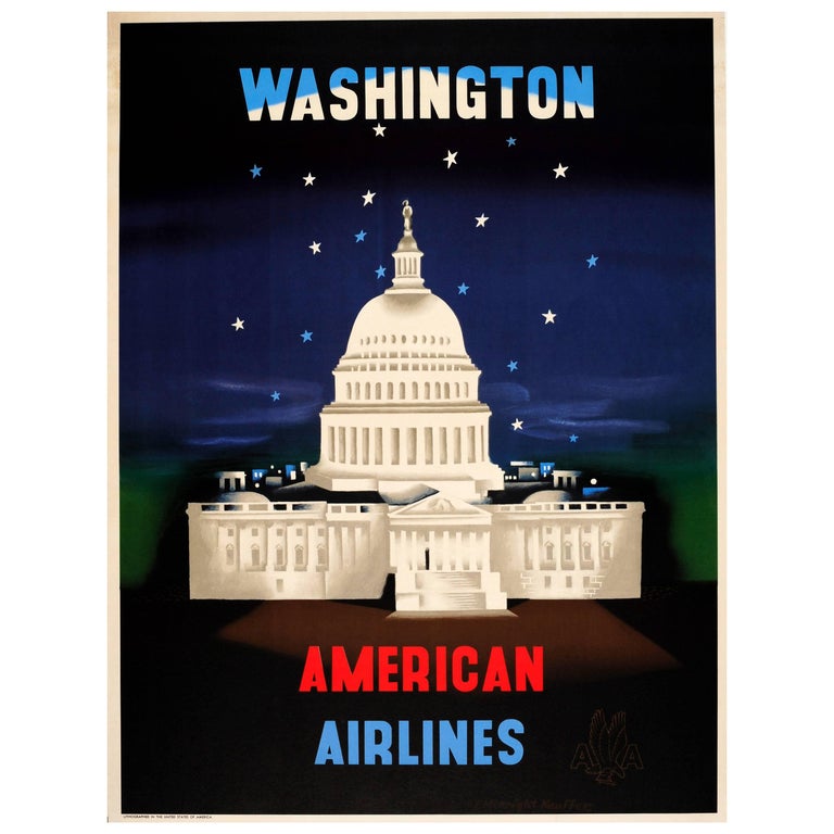 Original Vintage Travel Advertising Poster for Washington by American Airlines For Sale