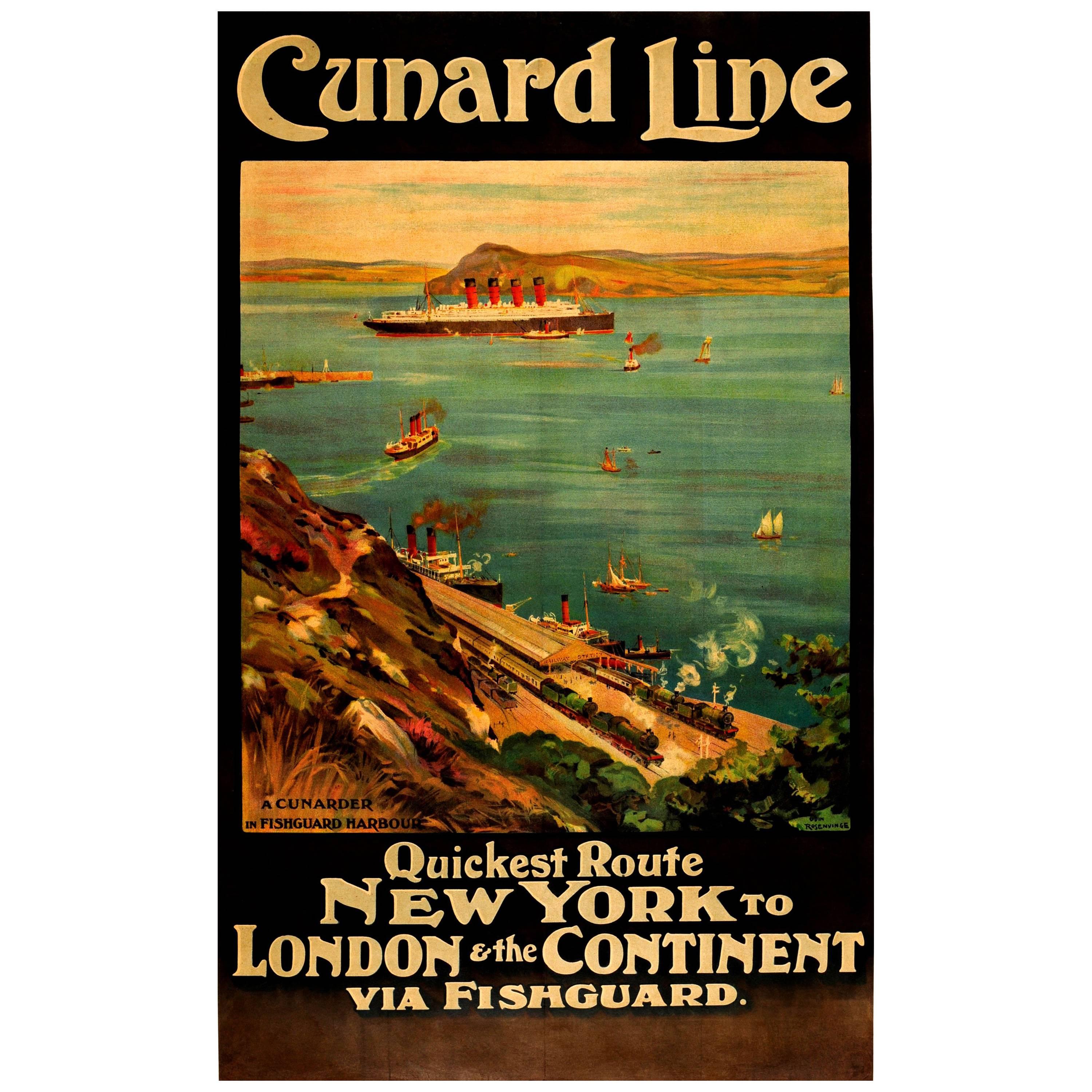 Original Cunard Line Cruise Ship Travel Poster - A Cunarder in Fishguard Harbour