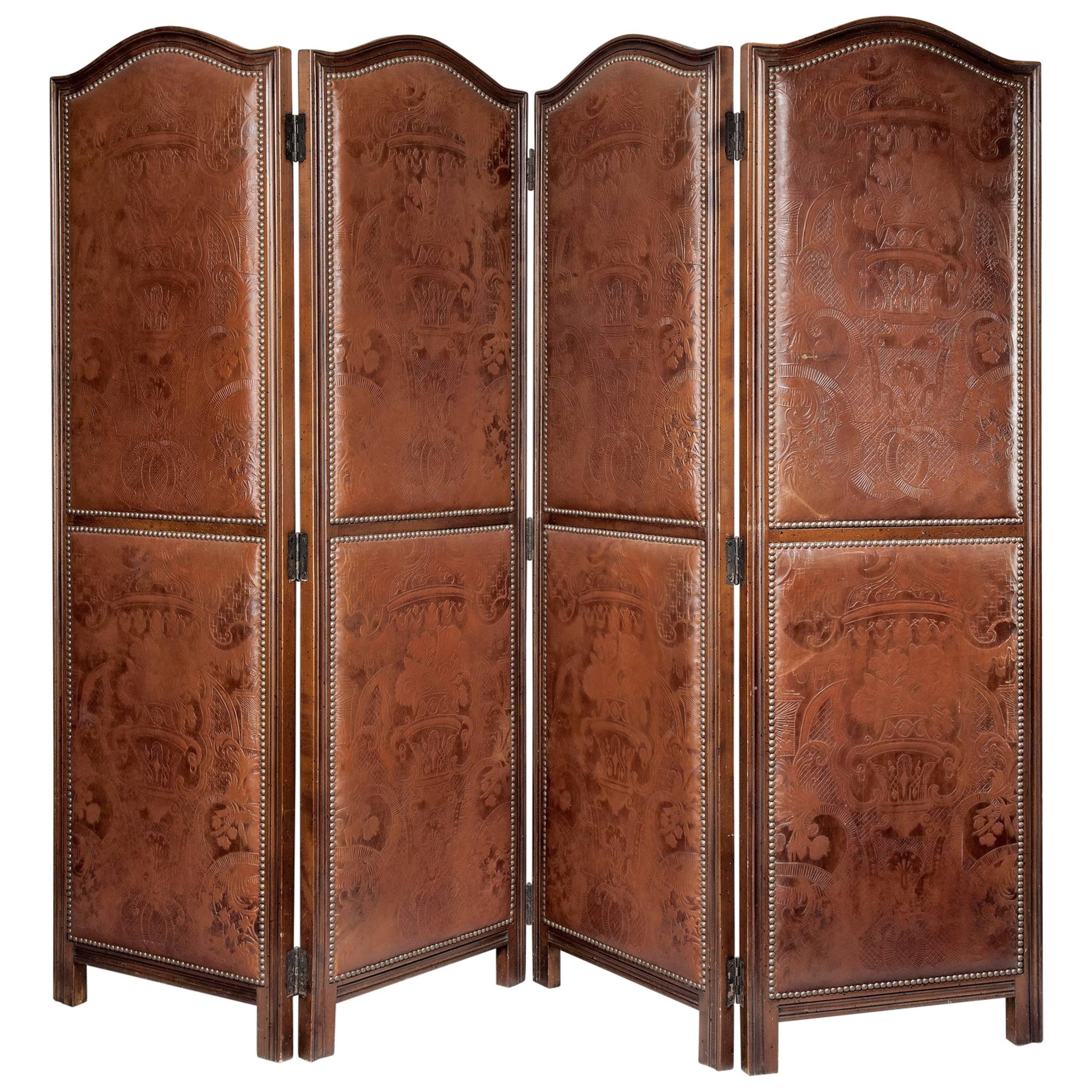 Art Nouveau Period Leather and Mahogany Four Fold Screen For Sale