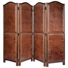 Art Nouveau Period Leather and Mahogany Four Fold Screen 9