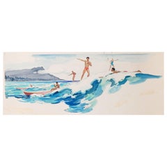 "Surfing at Waikiki, 1935, " Large, Brilliant Art Deco Watercolor Ptg. in Hawaii