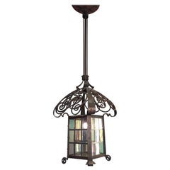 Used Early 1900 Large Arts & Crafts Wrought Iron Lantern / Pendant with Stained Glass