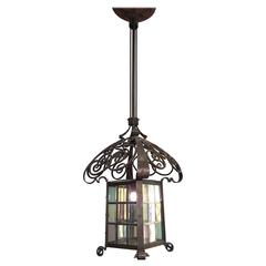 Early 1900 Huge Arts & Crafts Wrought Iron Lantern / Pendant with Stained Glass 6