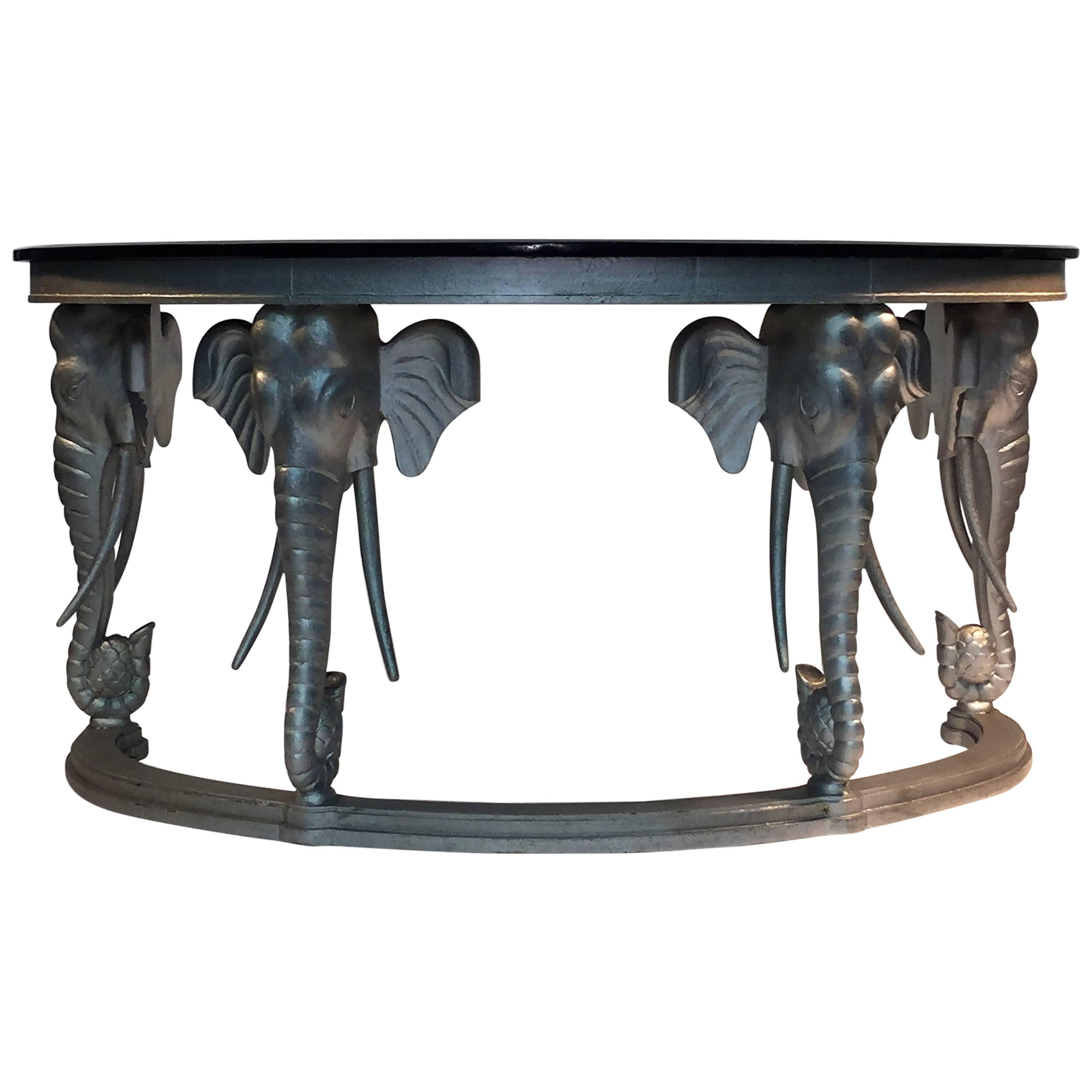 Stunning Silvered Carved Elephant Head and Black Tessellated Marble Console For Sale