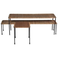 Rare Wicker and Iron Tables by Carl Aubock, Set of Three