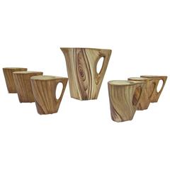 Vintage Vallauris Faux Bois Ceramic Pitcher and Cups Service for Six, France, 1950s