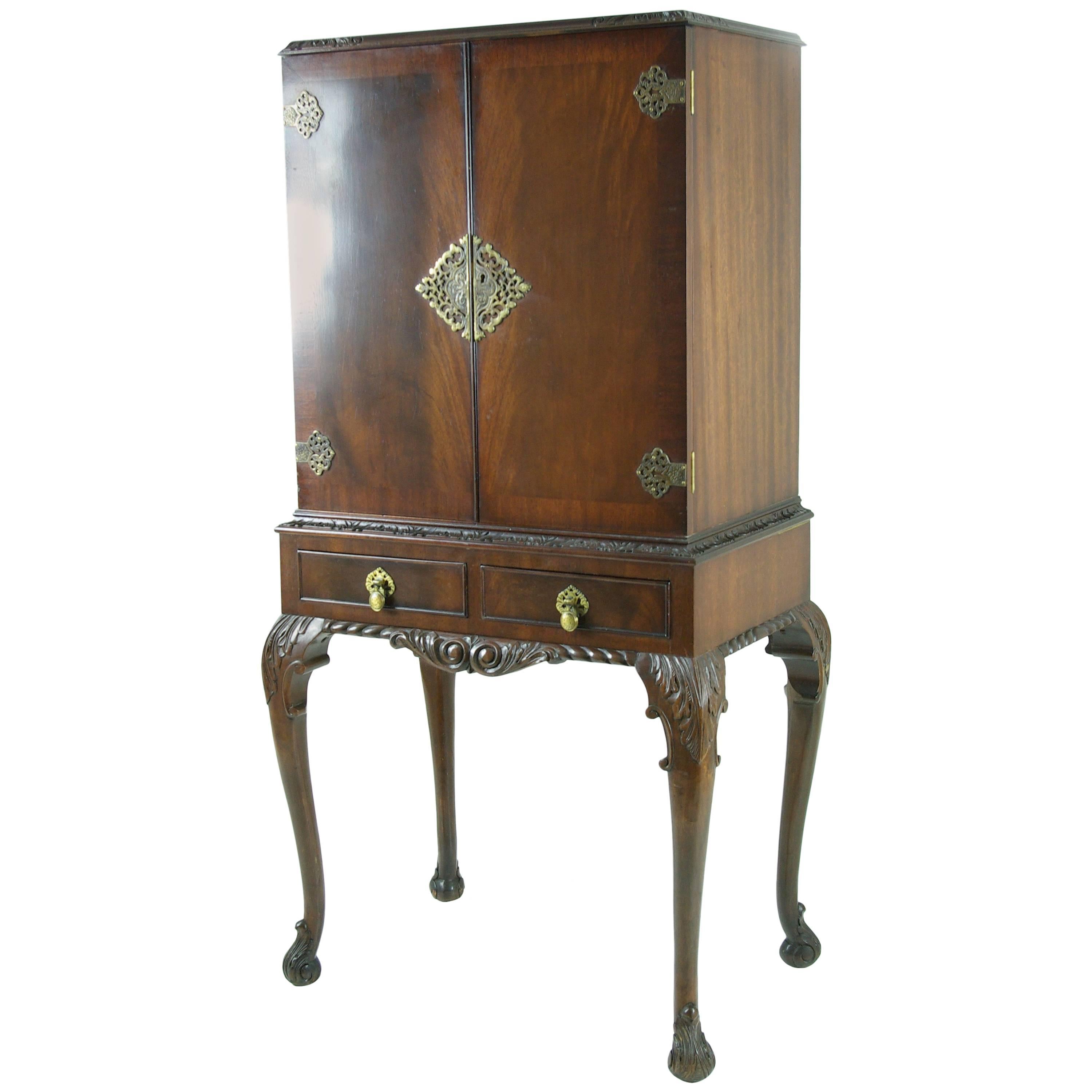 Antique Scottish Burr Walnut Drinks, Cocktail Cabinet with Fitted Interior