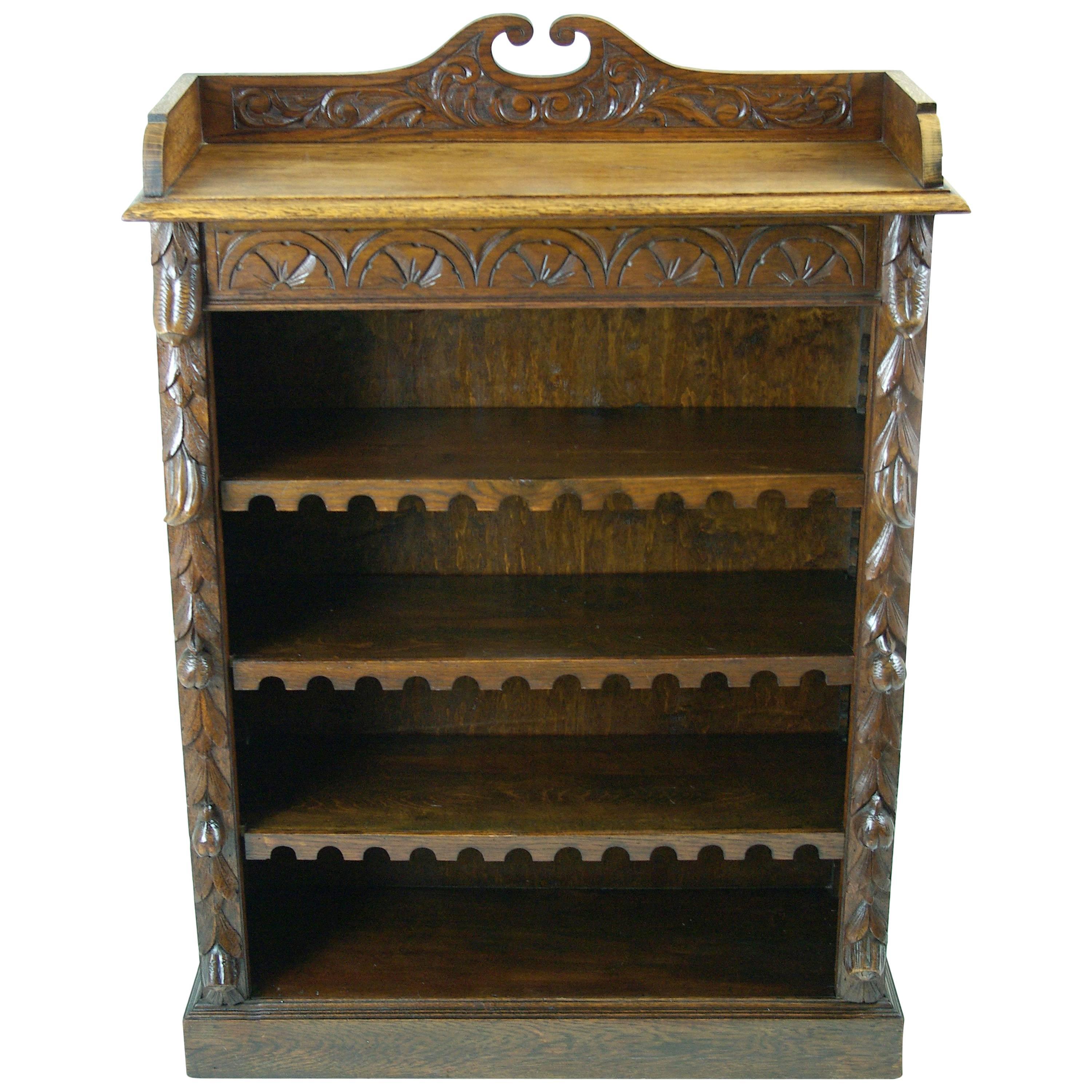 Antique Open Bookcase, Adjustable Shelves, Carved Oak, Scotland 1880 REDUCED!!! 