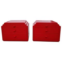 Vintage Pair of Red Lacquer Hollywood Glam Deco Nightstands