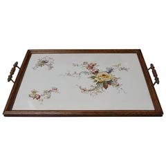 Antique Large Tile Serving Tray with Beautiful Flower Decor
