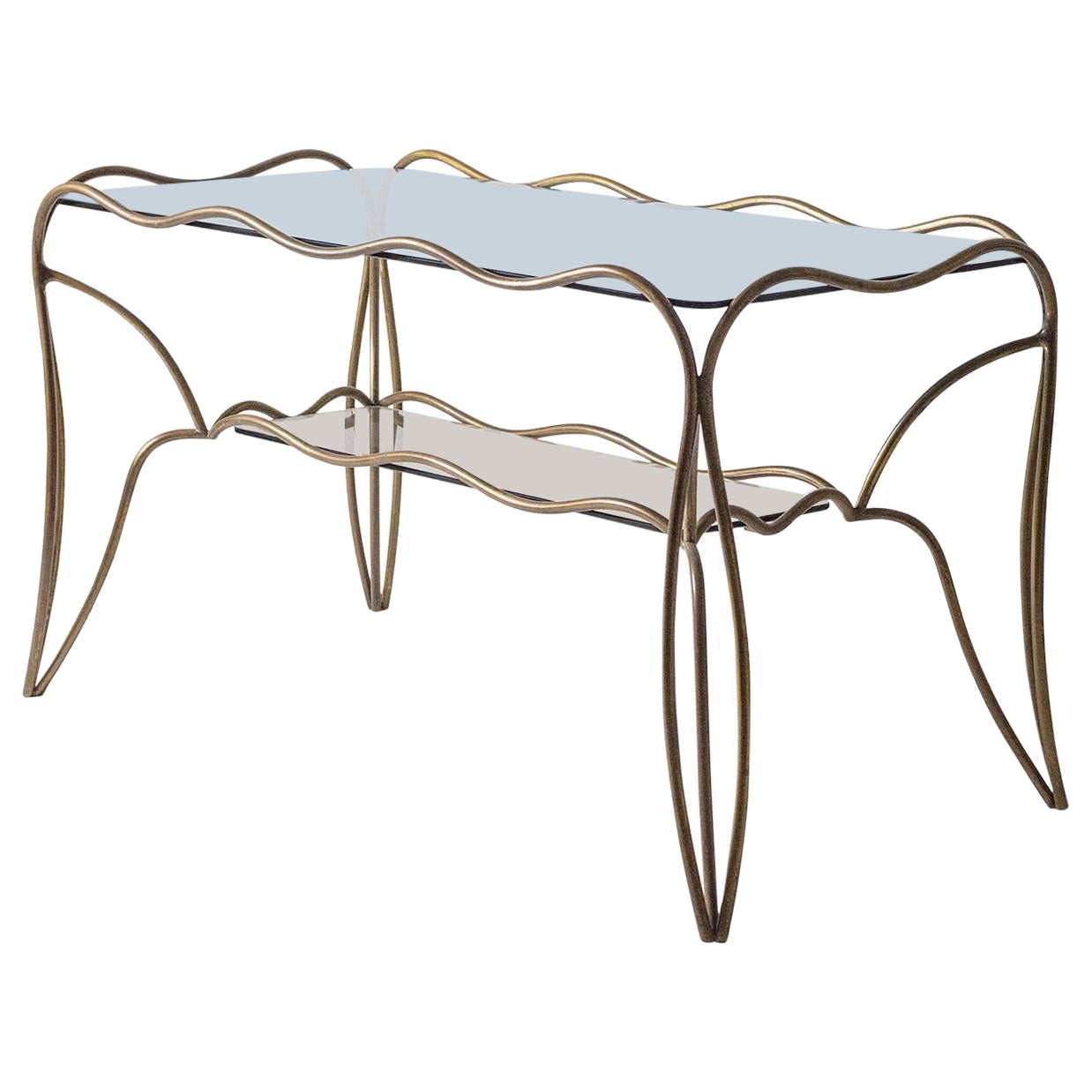 Unique Italian Brass and Colored Glass Cocktail Table, 1950s For Sale