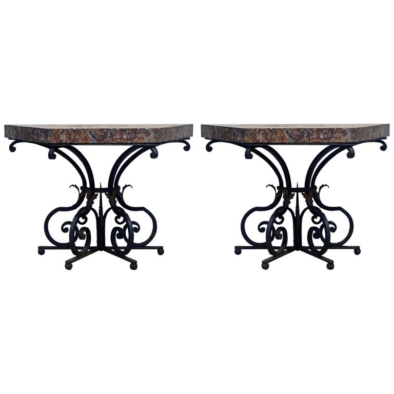 Pair Of 19th Century French Wrought Iron Tzoid Marble Slab Pair Of 19th Century French Wrought Iron Tzoid Marble Slab Console Tables For