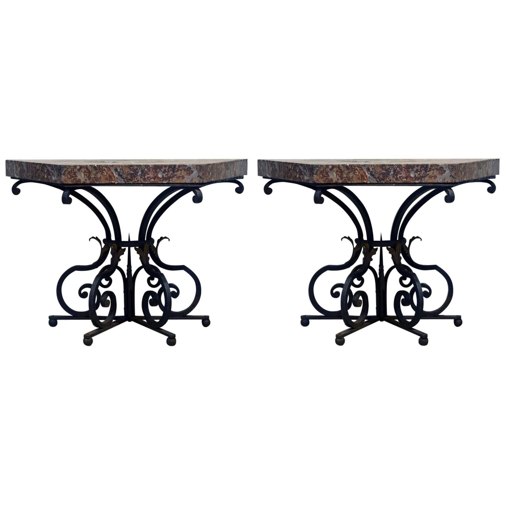 Pair of 19th Century French Wrought Iron Trapezoid Marble Slab Console Tables