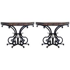 Pair of 19th Century French Wrought Iron Trapezoid Marble Slab Console Tables 5