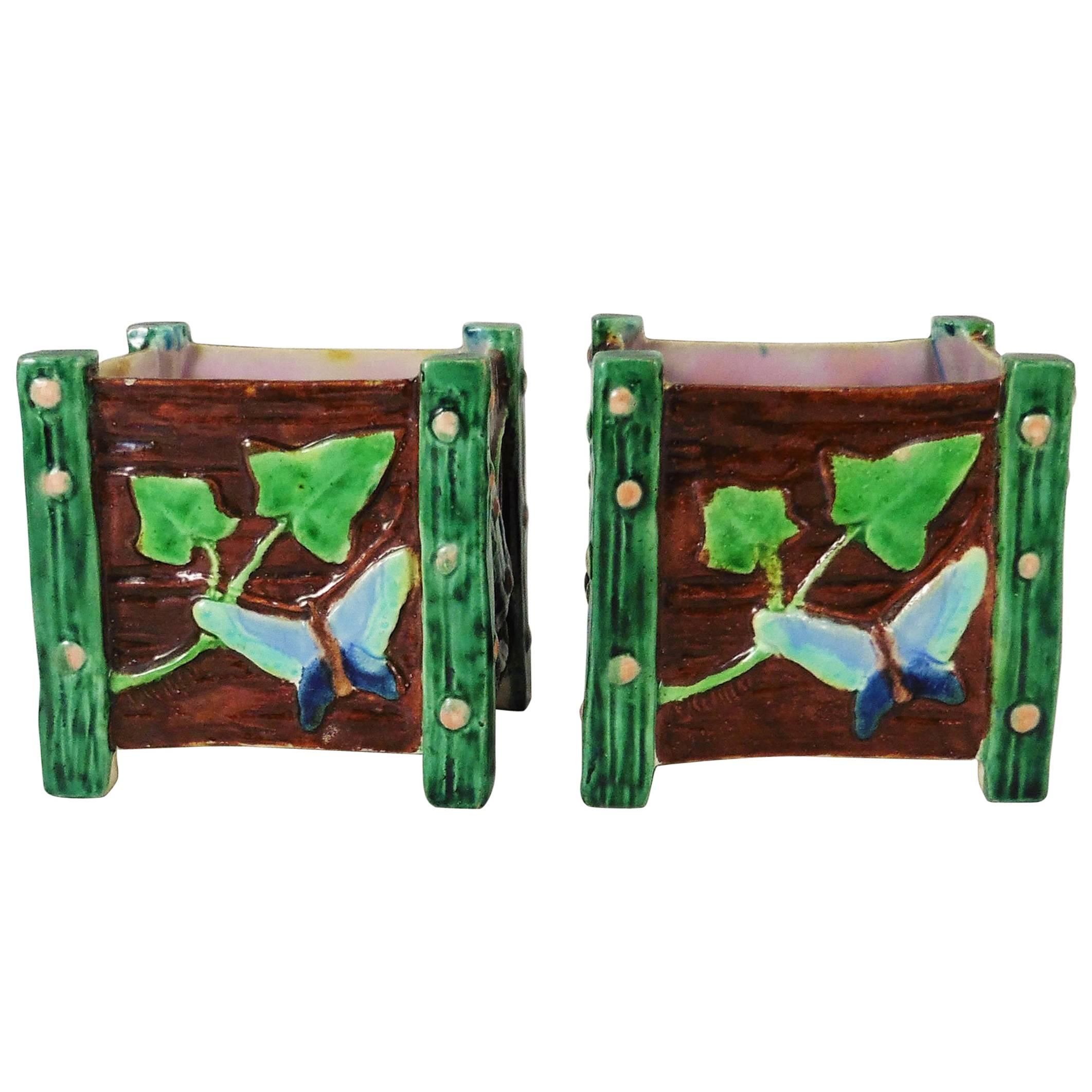 19th Century Majolica Pair of Jardinieres Butterflies & Snails Royal Worcester
