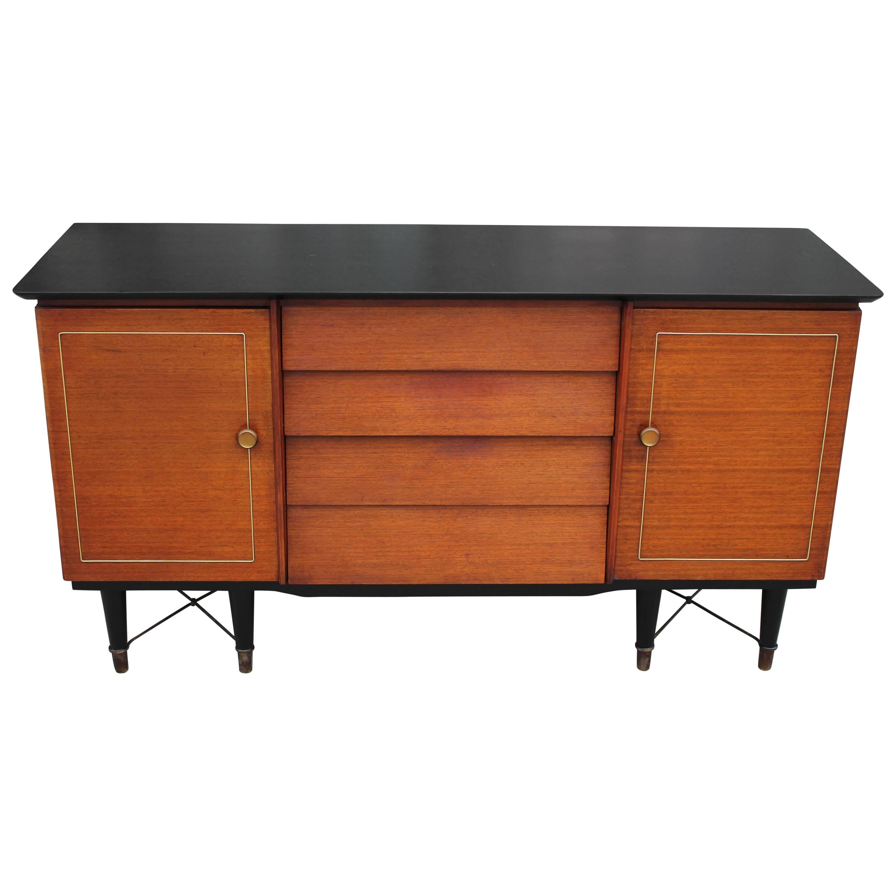 Two Tone Louvered Modern Beautility Sideboard with X-Base and Brass Accents 