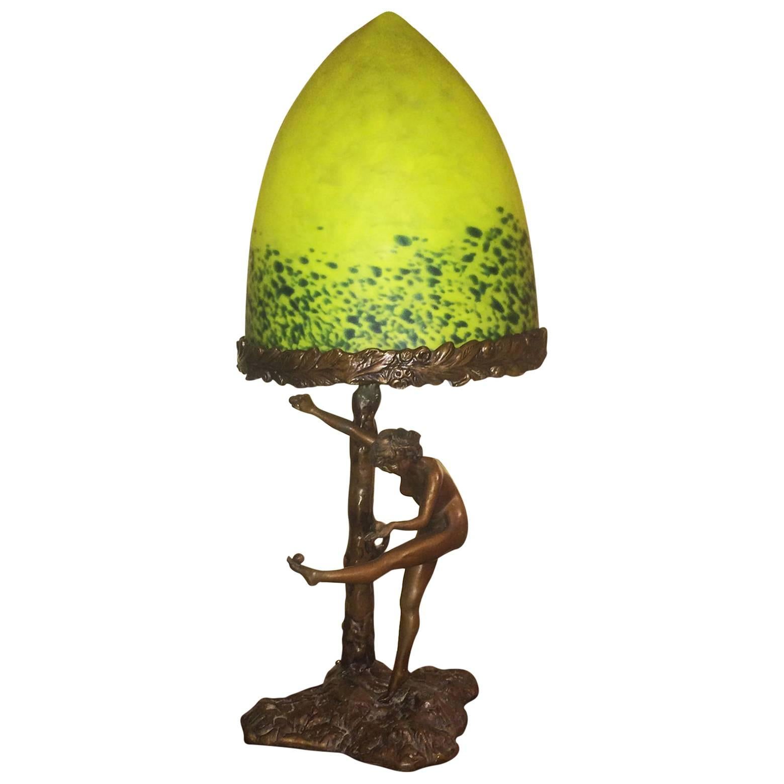 Art Deco Nude Bronze Lamp by Schmidt Kestner with a Pate de Verre Shade