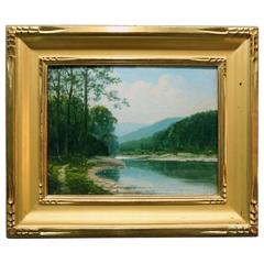 Oil on Canvas Painting of Landscape by A. F. King in Gold Gilt Frame