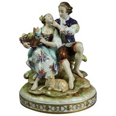 Antique Volkstedt Hand-Painted Porcelain Figurine of Courting Couple Signed & Dated 1762