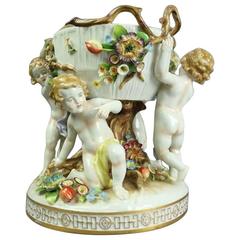 Antique German Schierholz Hand-Painted Figural Porcelain Cupid 'Putto' Compote