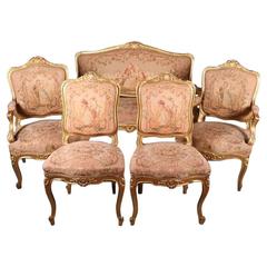 Used French Louis XIV Style Original Tapestry Gold Gilt Parlor Set, Late 19th Century