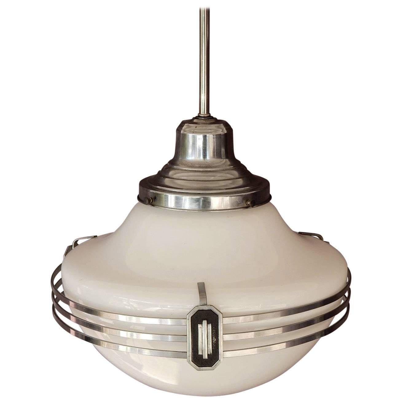 1930s Art Deco Nickel Saturn Ring and Milk Glass Pendant Lamp