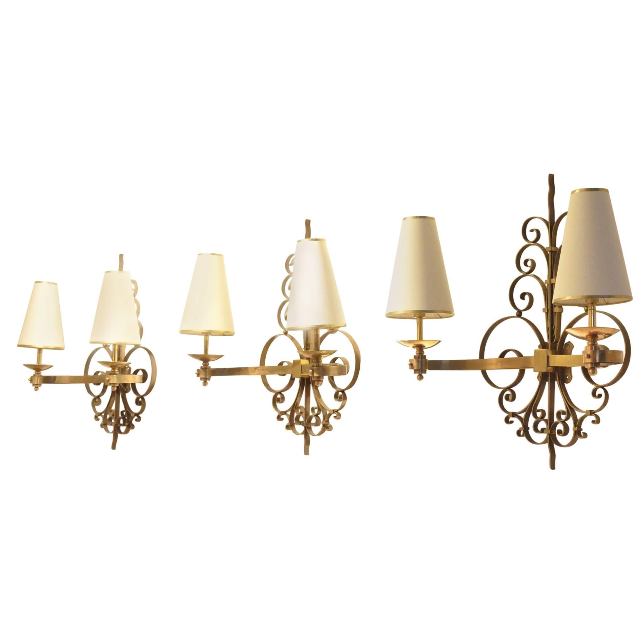 Three Art Deco René Drouet Style Sculptural Full Brass Wall Sconces Lamps, Set For Sale