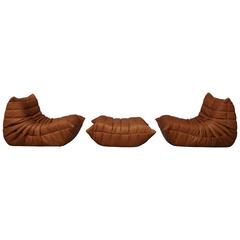 Pair of Vintage Ligne Roset Togo Leather Lounge Chairs with Pouf, France