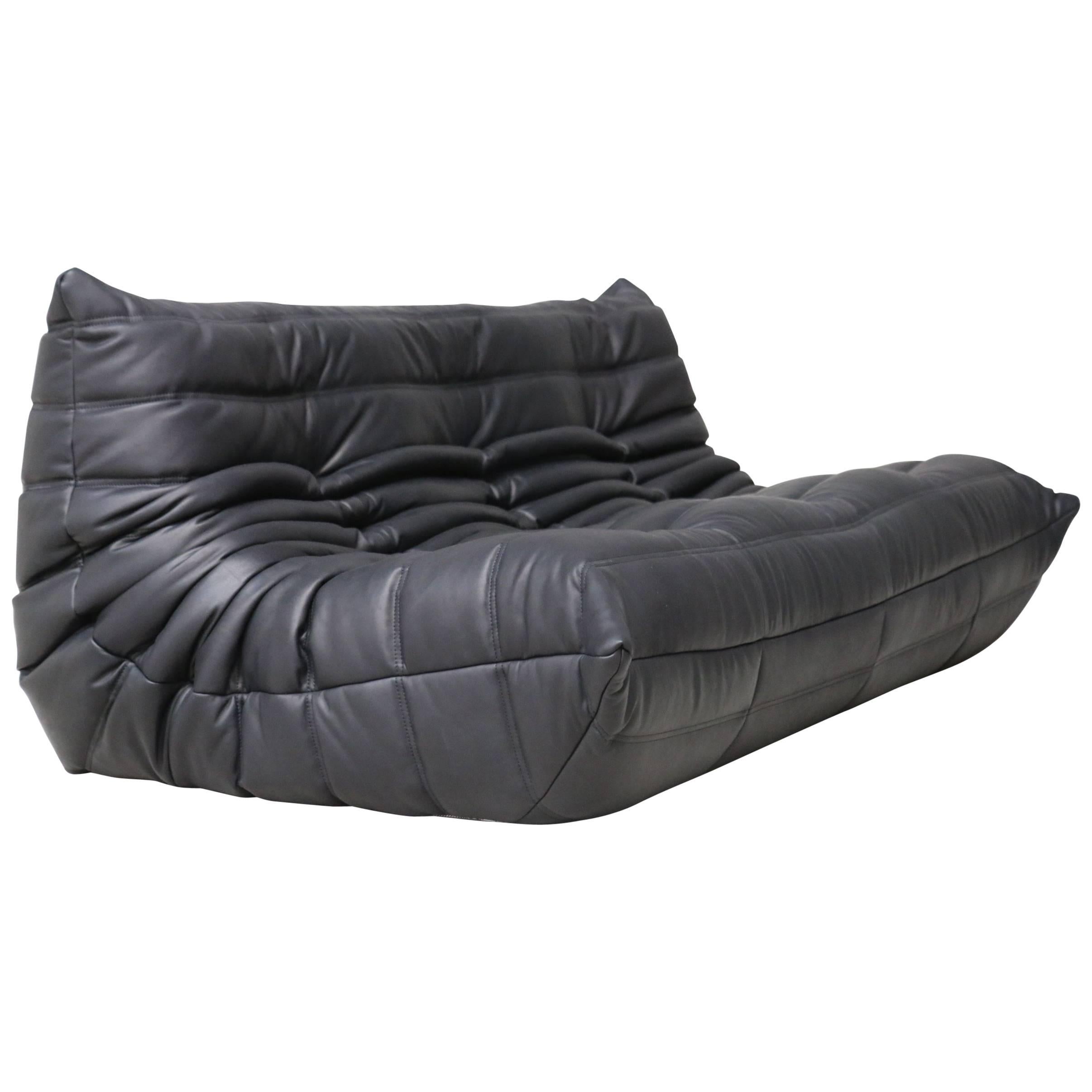 Three-Seat Sofa, Michel Ducaroy for Ligne Roset France Model Togo Black Leather