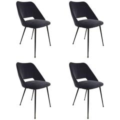 Beautiful Pair of Four Blue Velvet Dining Chairs, France circa 1960